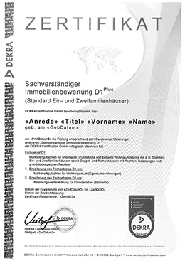 DEKRA Musterzertifikat SV Immobilienbewertung - D1 Plus