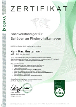 DEKRA Musterzertifikat SV Photovoltaik-Anlagen